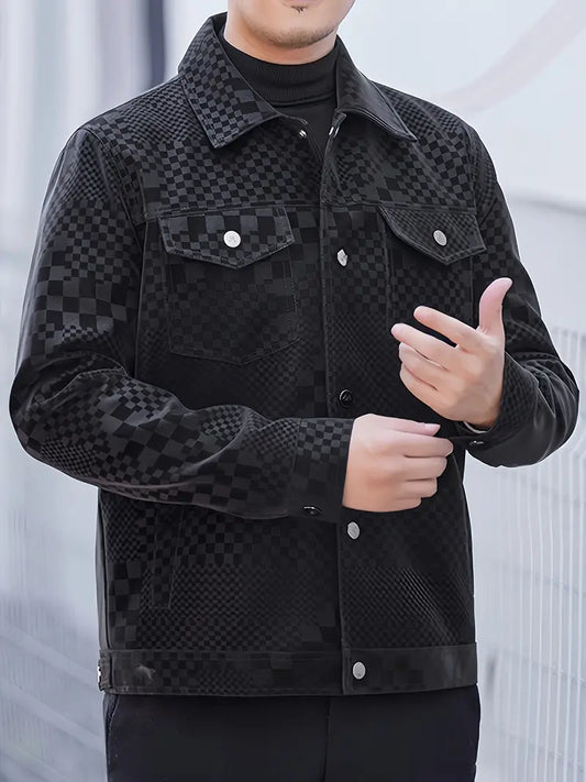 Chaqueta casual con cremallera de manga larga y cuello alto con estampado a cuadros para hombre